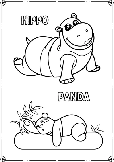 A striped hippo stands above a panda sleeping on a cushion, each labelled with its name.