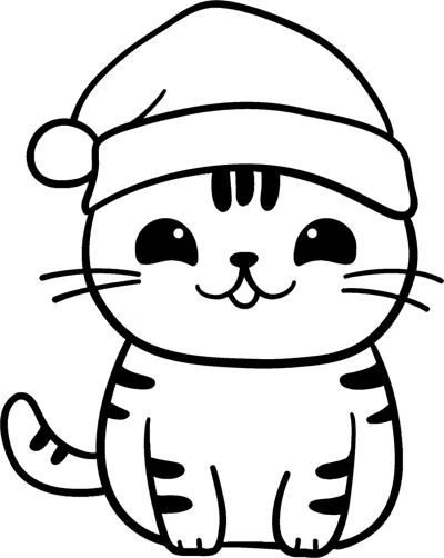 A round kitten with stripes sits wearing a floppy holiday hat with a pom-pom.