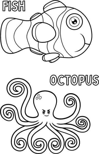 A striped fish swims above an octopus with curling tentacles, each labelled with its name.
