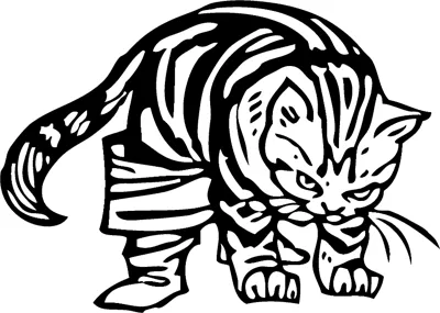 A striped tabby cat crouches and stalks forward with a dark patterned coat, inside a thin frame.