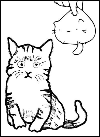 A striped tabby kitten with wide eyes sits upright with a small sleeping cat drawn above.