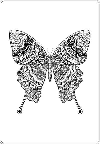A swallowtail butterfly with wings filled with dense mandala-style patterns sits in a thin frame.