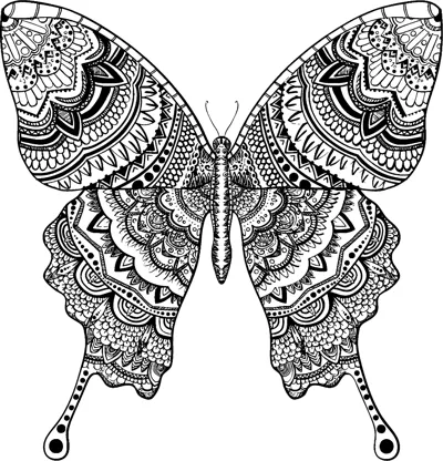 A swallowtail butterfly with wings filled with dense mandala-style patterns sits in a thin frame.