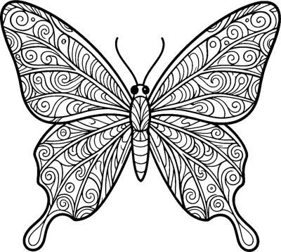 A swallowtail butterfly with open wings filled with matching swirls and curved lines, and two long tails.