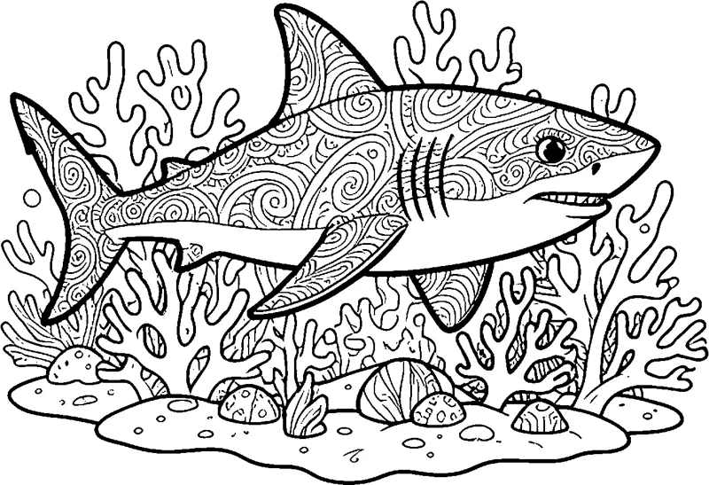 A shark covered in swirl patterns swims above branching coral and rounded rocks on a sandy seabed.