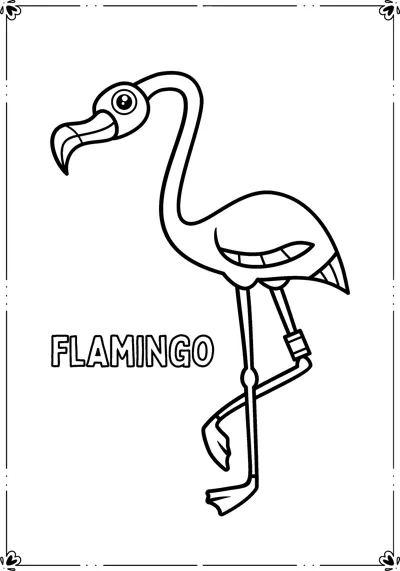 A flamingo with a curved neck stands on one leg inside a decorative frame.