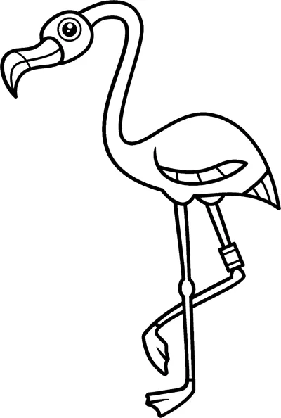A flamingo with a curved neck stands on one leg inside a decorative frame.