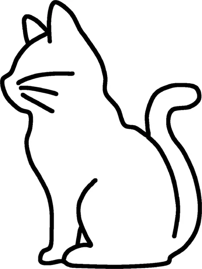 A sitting cat seen from behind with its head turned, drawn as one thick outline inside a thin frame.
