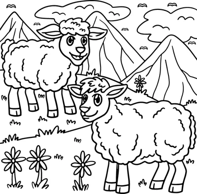 Three fluffy sheep stand in a flowery meadow with mountains and clouds behind them.