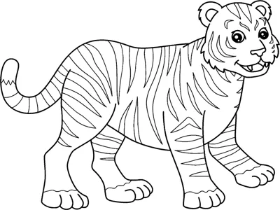 A striped tiger walks sideways with its tail raised under the word Tiger.