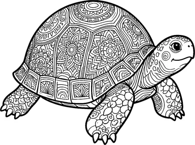 A smiling tortoise walking forward, its tall domed shell filled with flower mandalas and its legs covered in scale patterns.