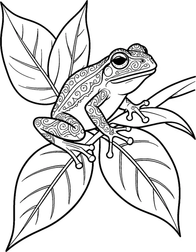 A detailed tree frog with swirl-patterned skin and sticky toe pads clings to a branch surrounded by large veined leaves.