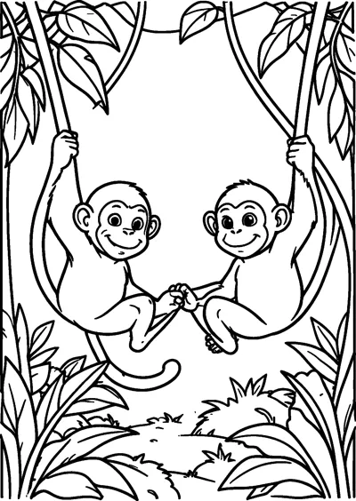 Two smiling monkeys each hang from a vine with one arm and hold hands, with jungle leaves around them.