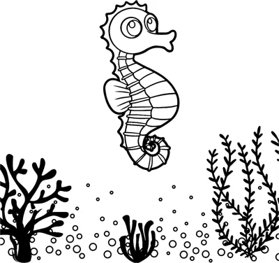 A seahorse floats above coral, seaweed and bubbles under an Under the Sea heading.