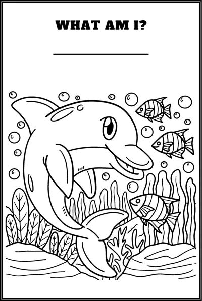 A dolphin swims among small fish, seaweed and bubbles under the question What Am I.