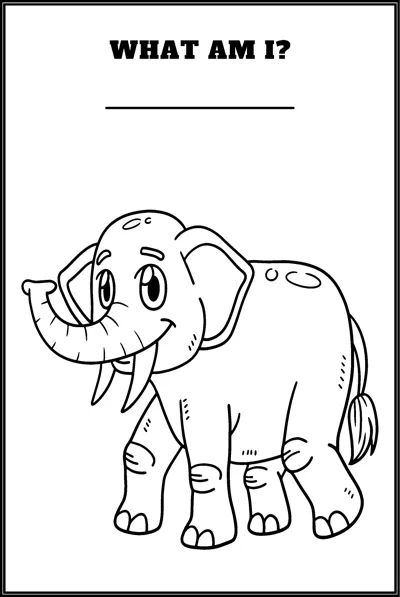 An elephant with big ears raises its trunk under the question What Am I and a blank line.