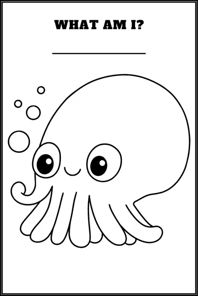 A round octopus with big eyes floats beside bubbles under the question What Am I.