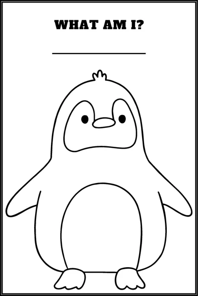 A round penguin stands facing forward under the question What Am I with a blank line.