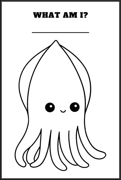 A simple squid with a pointed head and dangling tentacles sits under the question What Am I.