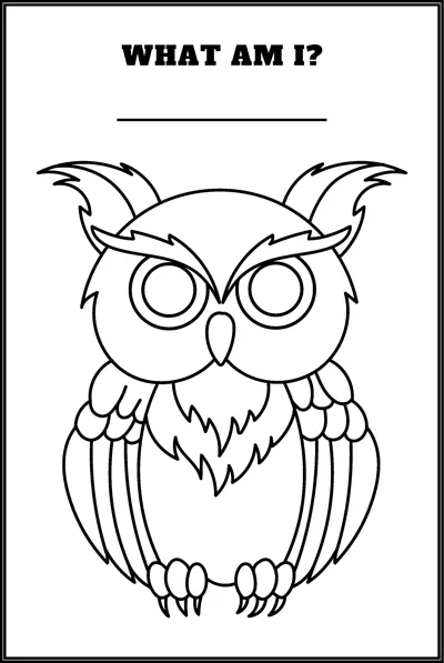 An owl with tufted ears and layered feathers faces forward under the question What Am I.