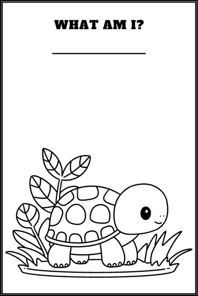 A simple turtle stands among leaves and grass under the question What Am I with a blank line.