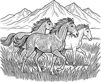 Three patterned wild horses run through tall grass with a range of mountains behind them.