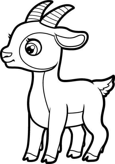 A cartoon goat kid with big eyes and curved horns stands sideways with its tail raised.