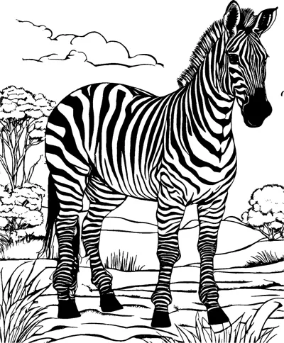 A striped zebra stands on rocks beside a stream with trees and clouds behind it.