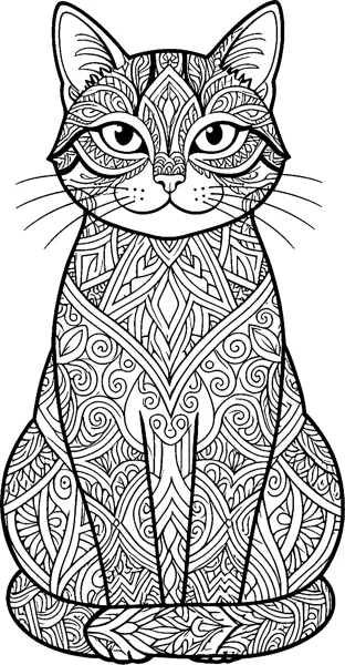 A cat sitting upright with its tail wrapped around its paws, its body filled with swirls, leaves and diamond shapes.