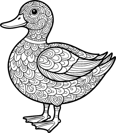 A standing duck with its head, body and folded wing filled with swirls, scallops and feather patterns.