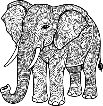 A standing elephant with tusks and a curled trunk, its whole body filled with swirls, stripes and zigzag bands.