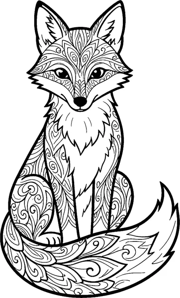 A sitting fox filled with swirls, petals and teardrop patterns, its bushy tail curling around its front paws.