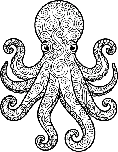 A zentangle octopus with a round head and eight curling tentacles, every part filled with spiral swirls and sucker rows.
