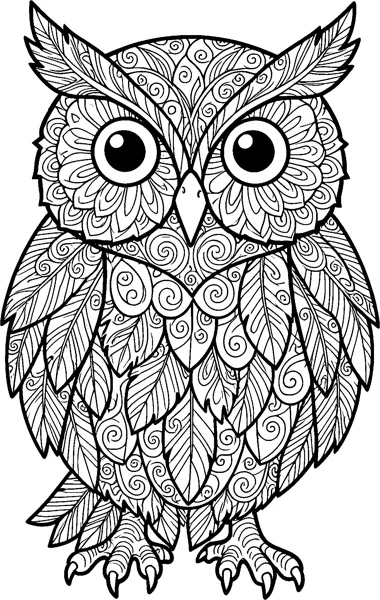 A wide-eyed owl standing on its talons, with feathered ear tufts and a body covered in swirl-filled feathers.