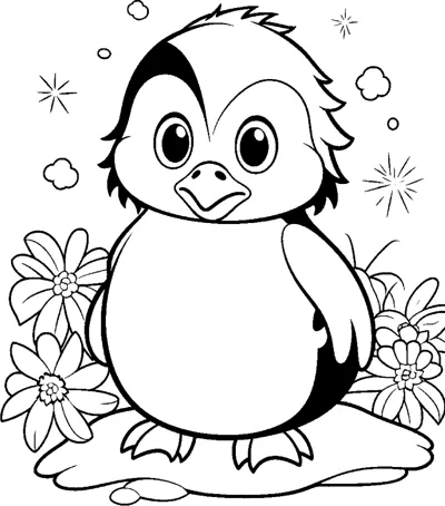 A big-eyed baby penguin standing among flowers with sparkles and small clouds around it.