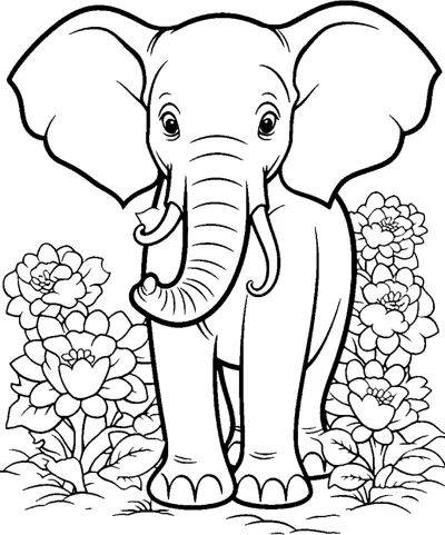 A friendly elephant facing forward with big ears, standing between two bushes full of flowers.