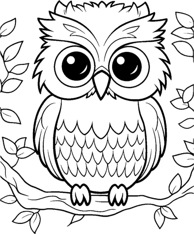 An owl with large round eyes and feathered chest sits on a branch surrounded by leaves and flowers.