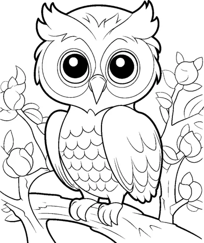 A wide-eyed owl with scalloped chest feathers perches on a branch with leaves and flowers around it.