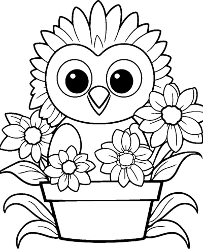 A round-eyed owl sits inside a pot overflowing with large flowers and leaves.