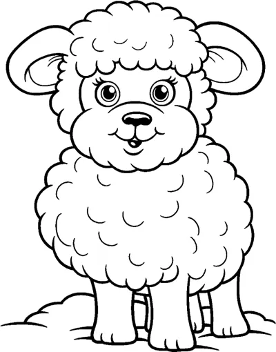 A fluffy cartoon lamb with big eyes and curly wool stands facing forward on a patch of grass.