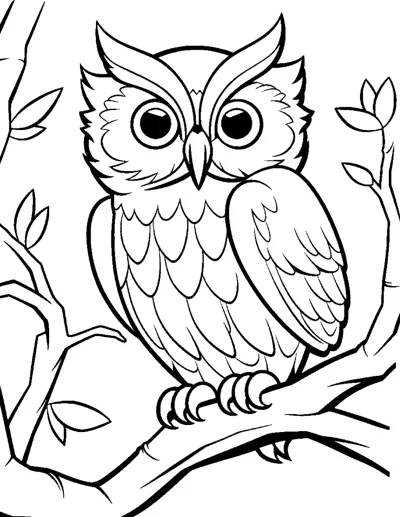 An owl with ear tufts and patterned feathers sits on a leafy branch.