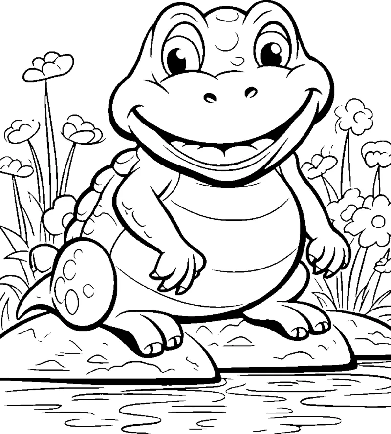 A grinning cartoon crocodile sits on a rock beside a pond with flowers and reeds behind it.