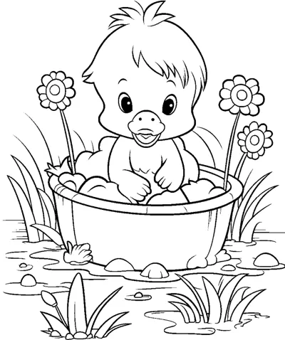 A fluffy duckling sits in a round tub of water surrounded by flowers and grass.