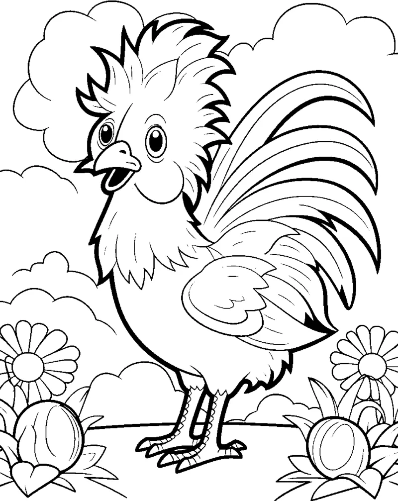 A rooster with a tall crest and curved tail feathers stands among flowers with clouds overhead.