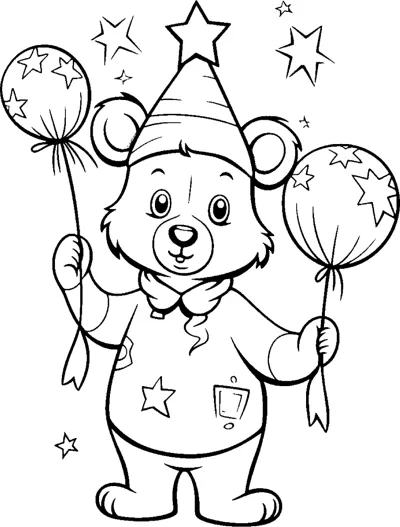 A bear in a party hat and sweater holds two star-patterned balloons with stars floating around.