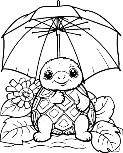 A smiling turtle with a patterned shell sits under a large umbrella beside flowers and leaves.