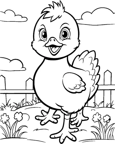 A cheerful chick with a raised wing walks on grass in front of a fence, with clouds above.