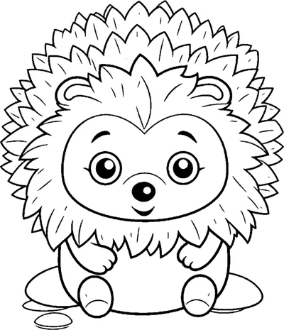 A round baby hedgehog with big eyes and a spiky back sits facing forward.
