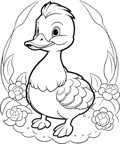 A duck with a feathered wing stands inside a swirling wreath of flowers and leaves.
