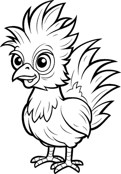 A young bird with a wild spiky crest and tail feathers stands facing left.